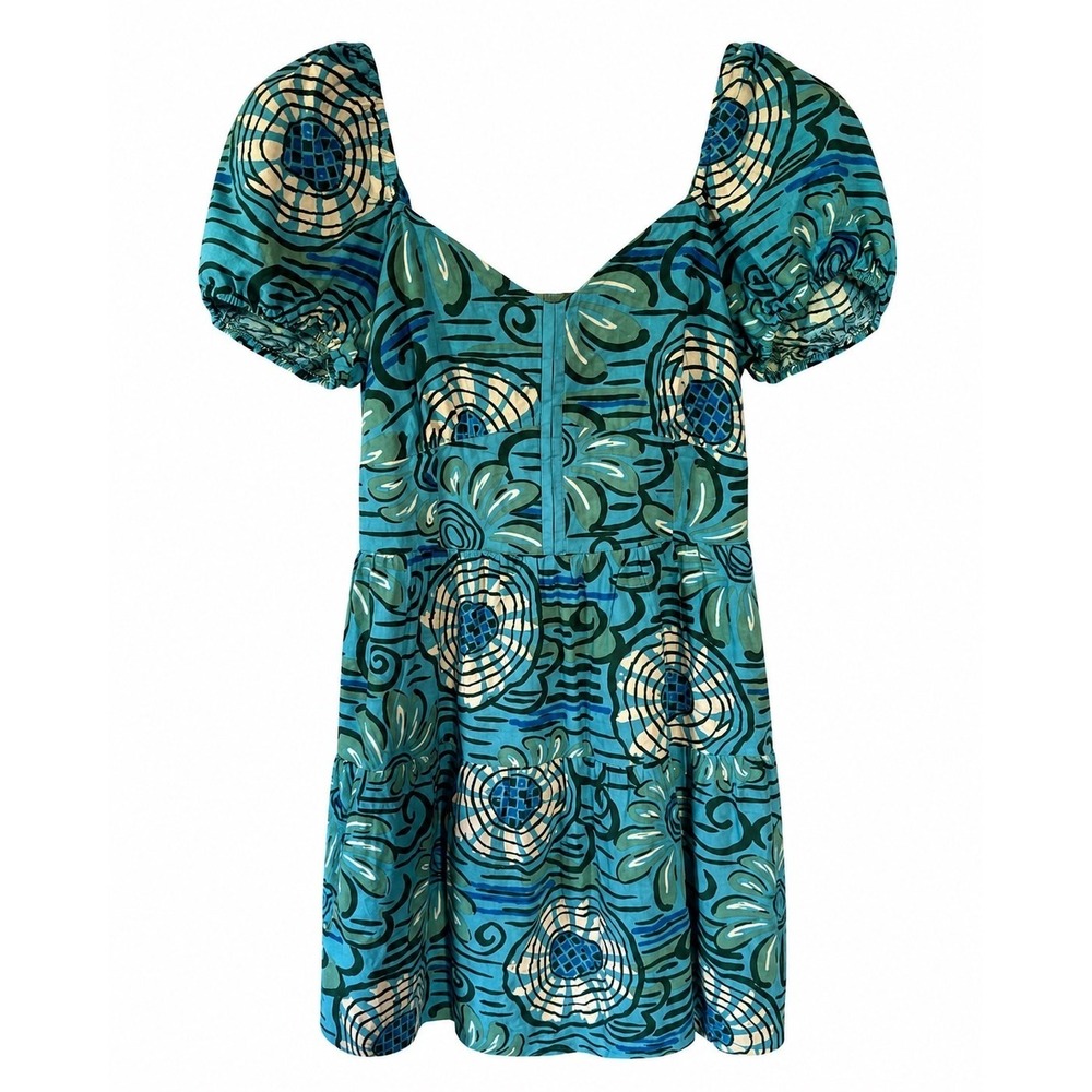 House of Harlow 1960 Wns Blue Green Abstract Floral Smocked Mini Dress S 0819080